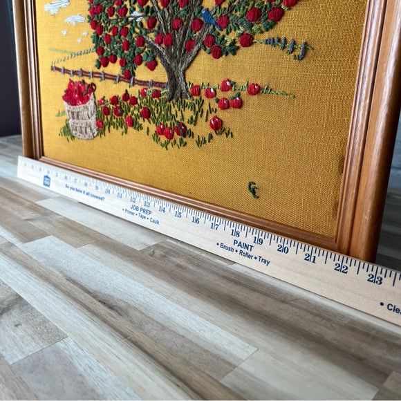 Vintage Midcentury Needlepoint Wall Art Apple Orchard, Blue Birds, Apple Basket - Picture 14 of 15